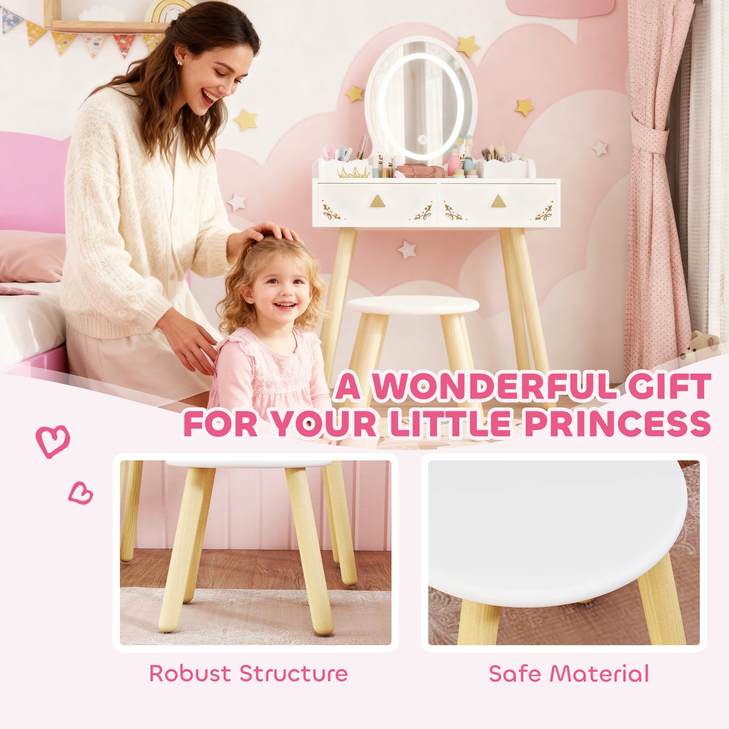 Kids Vanity Table Chair Set 3 Colour LED Lights Mirror 3 - Aiyaplay image 8