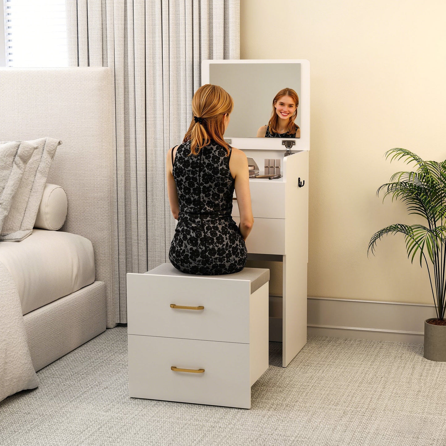 3 in 1 Dressing Table Fliptop Mirror Rolling Stool White - Homcom image 8