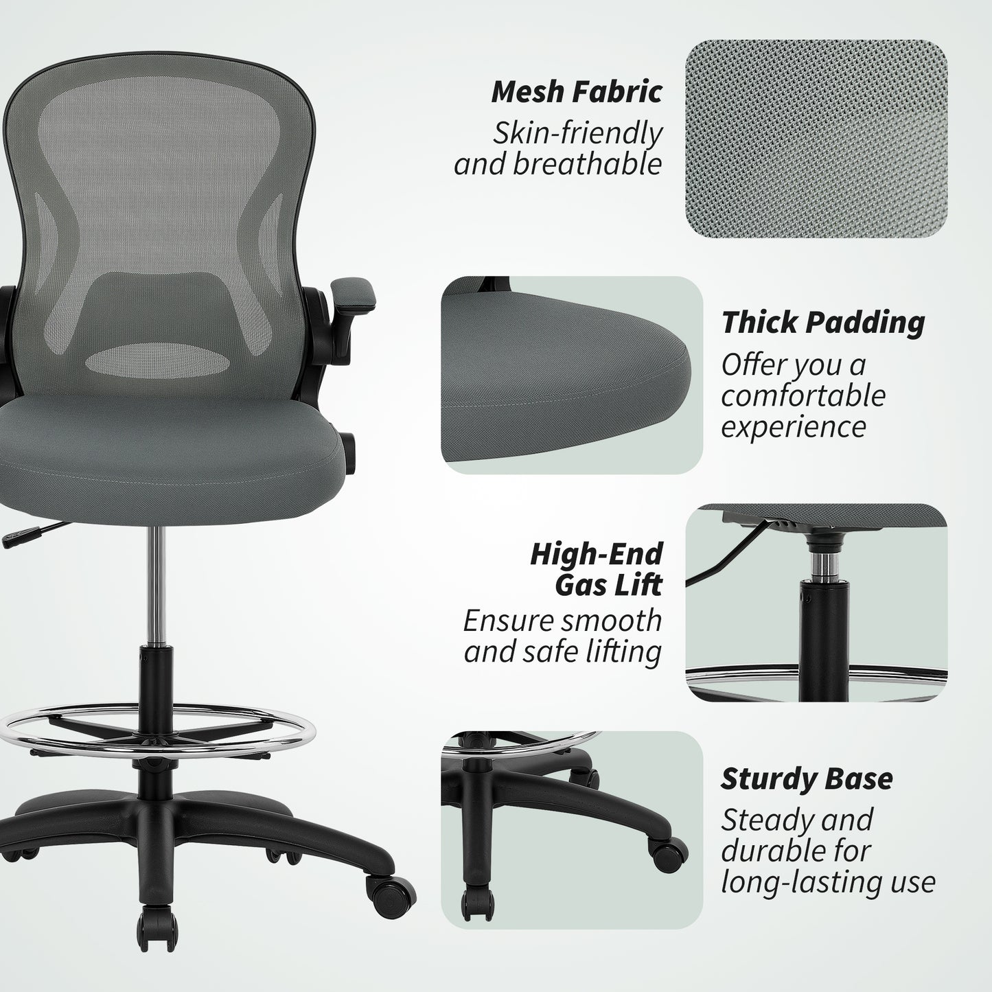 Draughtsman Chair with Flip up Armrests Charcoal Grey - Vinsetto image 8