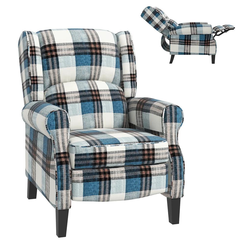 HOMCOM Wingback Reclining Chair Push Back Recliner Armchair for Living Room Bedroom with Footrest Armrests Wood Legs Blue Additional View 10