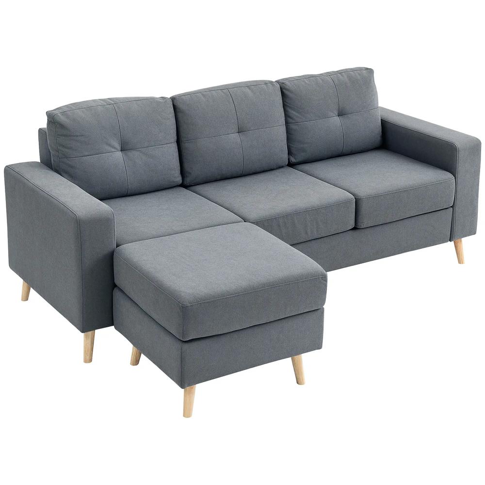 HOMCOM 3 Seater Sofa with Footstool, Fabric L-Shaped Sofa, Sectional Couch with Wood Legs, Tufting Cushioned Back for Small Space, Living Room, Office, Dark Grey Additional View 11