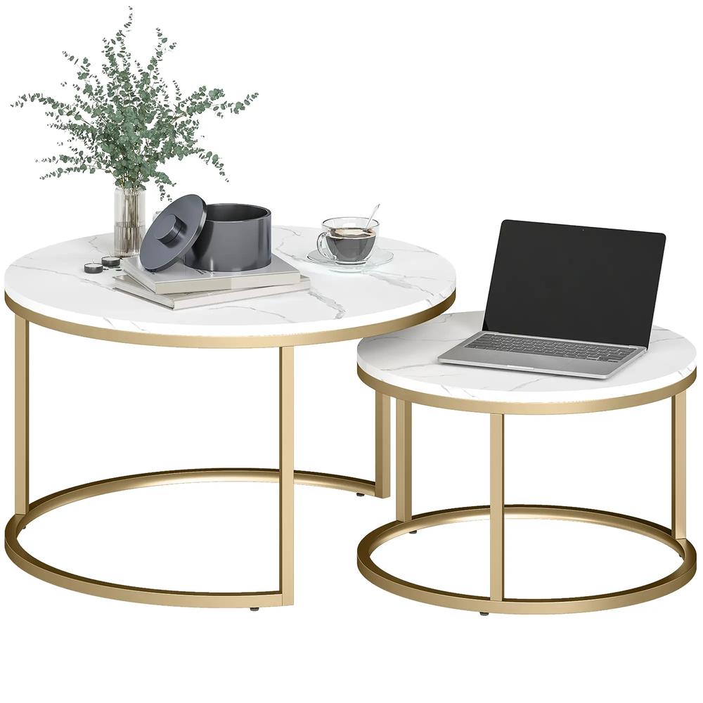 HOMCOM 2 Pcs Stacking Coffee Table Set Nesting Tables with Steel Frame for Living Room Marble White/Gold Additional View 12