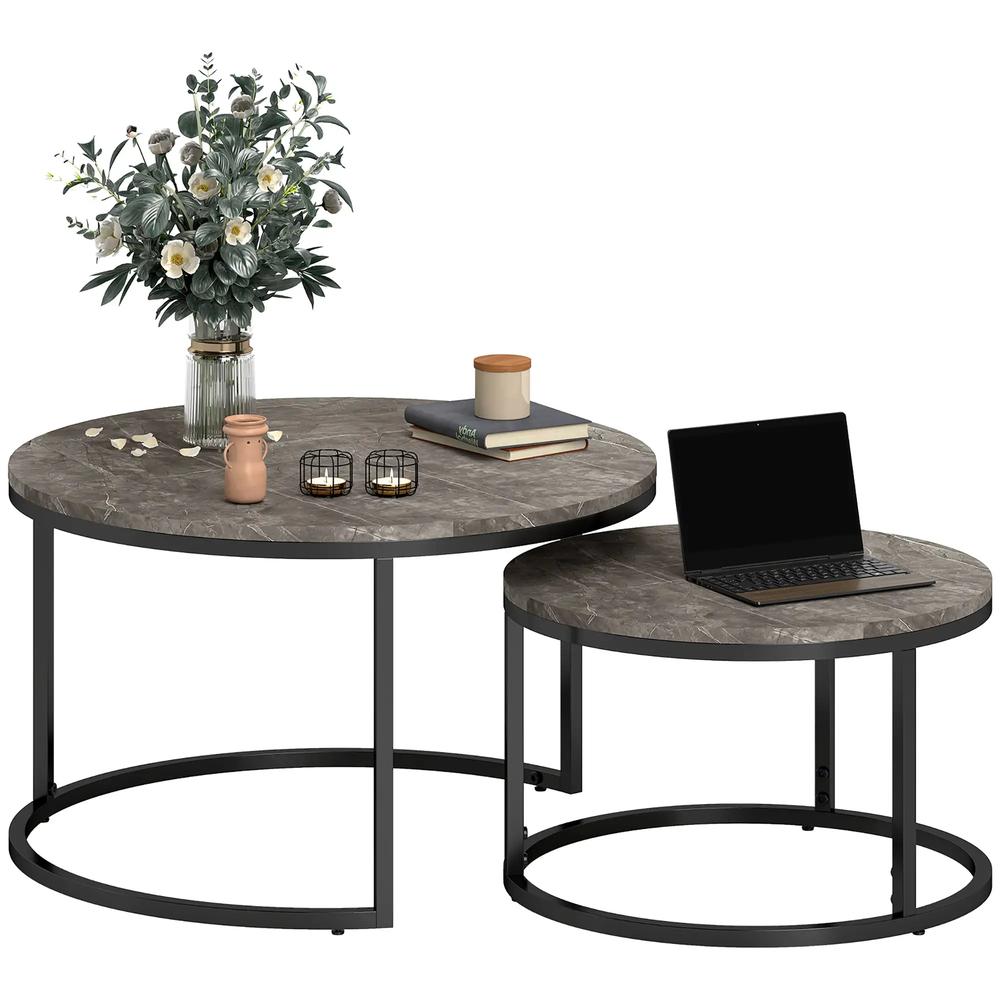 HOMCOM Industrial Nesting Coffee Table Set of 2, Round Coffee Tables, Living Room Table with Faux Marbled Top and Steel Frame Additional View 11