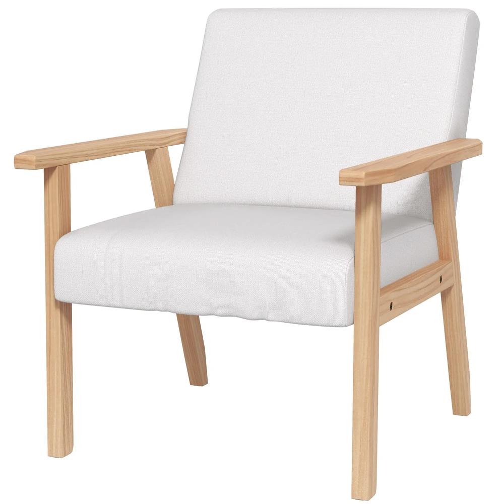 HOMCOM Modern Armchair, Linen Upholstered Accent Chair with Solid Wood Legs and Wide Seat, Padding Lounge Chair for Living Room Bedroom Office, Cream White Additional View 11