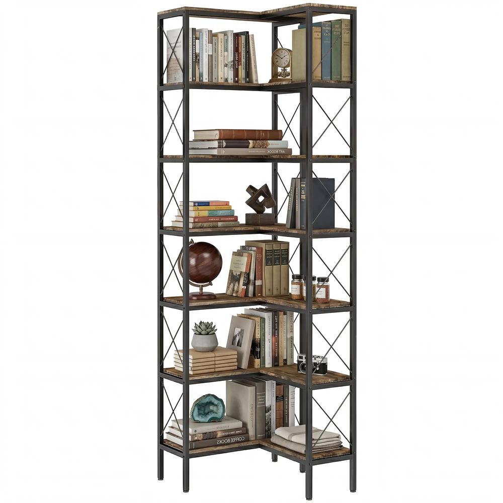 HOMCOM 6-Tier L-Shaped Bookshelf, Freestanding Corner Bookcase with Metal Frame, Rustic Brown Additional View 15