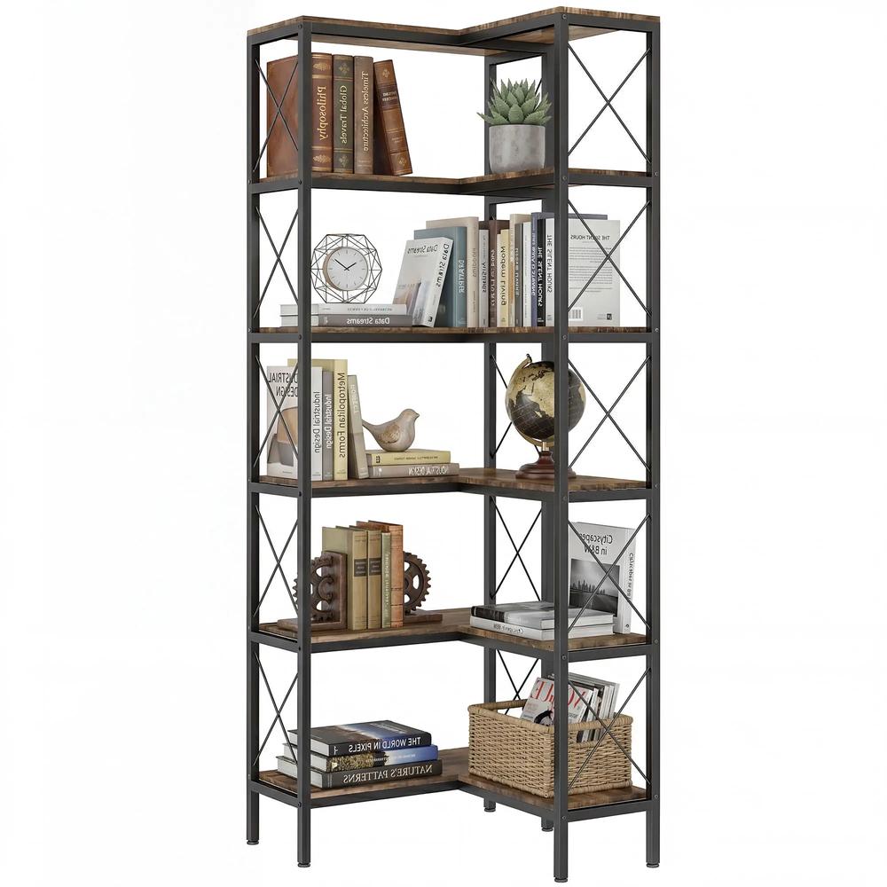 HOMCOM 5-Tier L-Shaped Bookshelf, Freestanding Corner Bookcase with Metal Frame, Rustic Brown Additional View 11