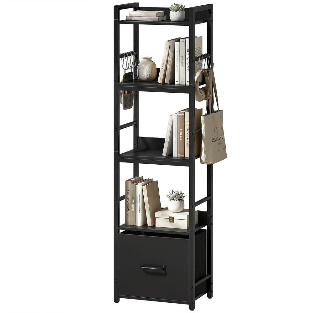 HOMCOM 4-Tier Bookshelf, Narrow Bookcase with Drawer, 8 Hooks, Metal Frame Additional View 22