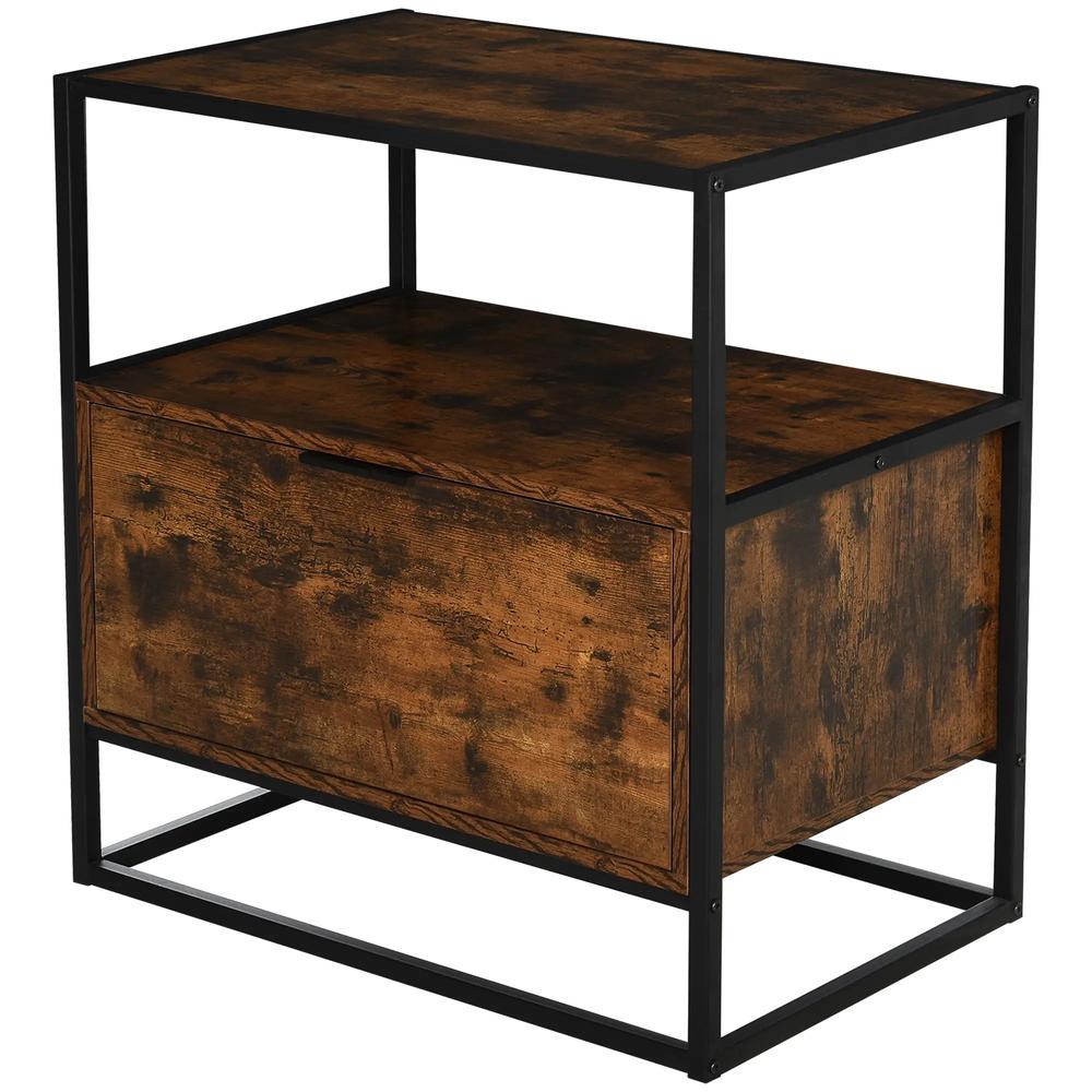 HOMCOM Industrial-Style Side Table w/ Drawer Open Shelf Steel Frame Large Base Two-Tone Retro Stylish Home Furniture Bedroom Living Room Additional View 10