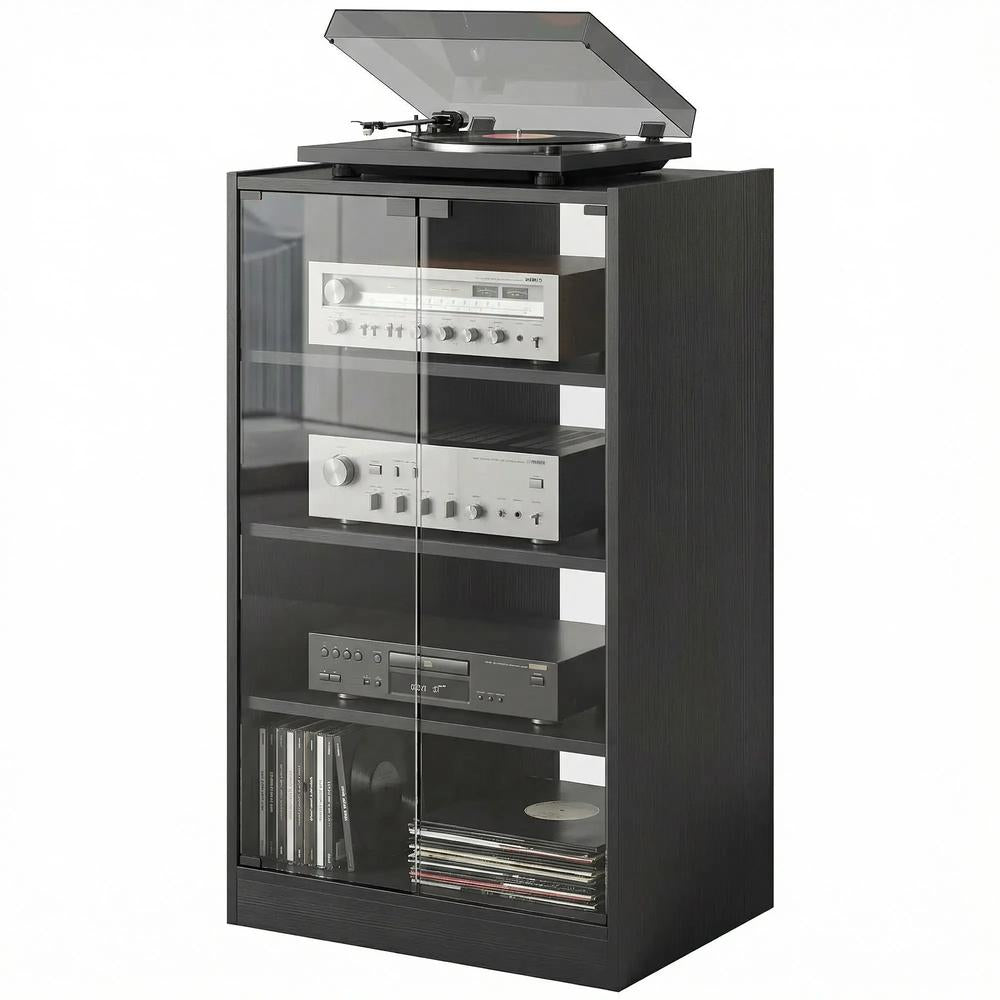 HOMCOM 4-Tier Hi-Fi Stand, Record Player Stand with Adjustable Shelves and Push-to-Open Glass Doors Additional View 33
