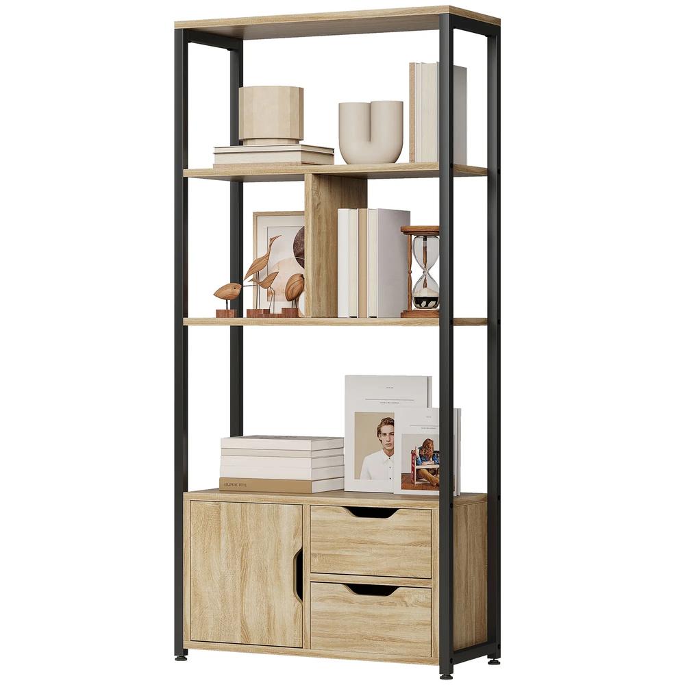 HOMCOM 4-Tier Bookcase, Bookshelf with 1 Cabinet and 2 Drawers for Living Room, Bedroom, Study, Natural Wood Additional View 11