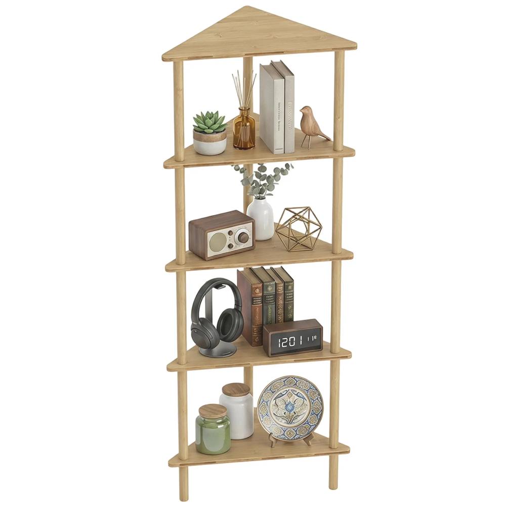 HOMCOM Bamboo Storage Shelf, 5-tier Corner Shelf, Freestanding Shelving Unit for Living Room, Home Office, Natural Wood Finish Additional View 15