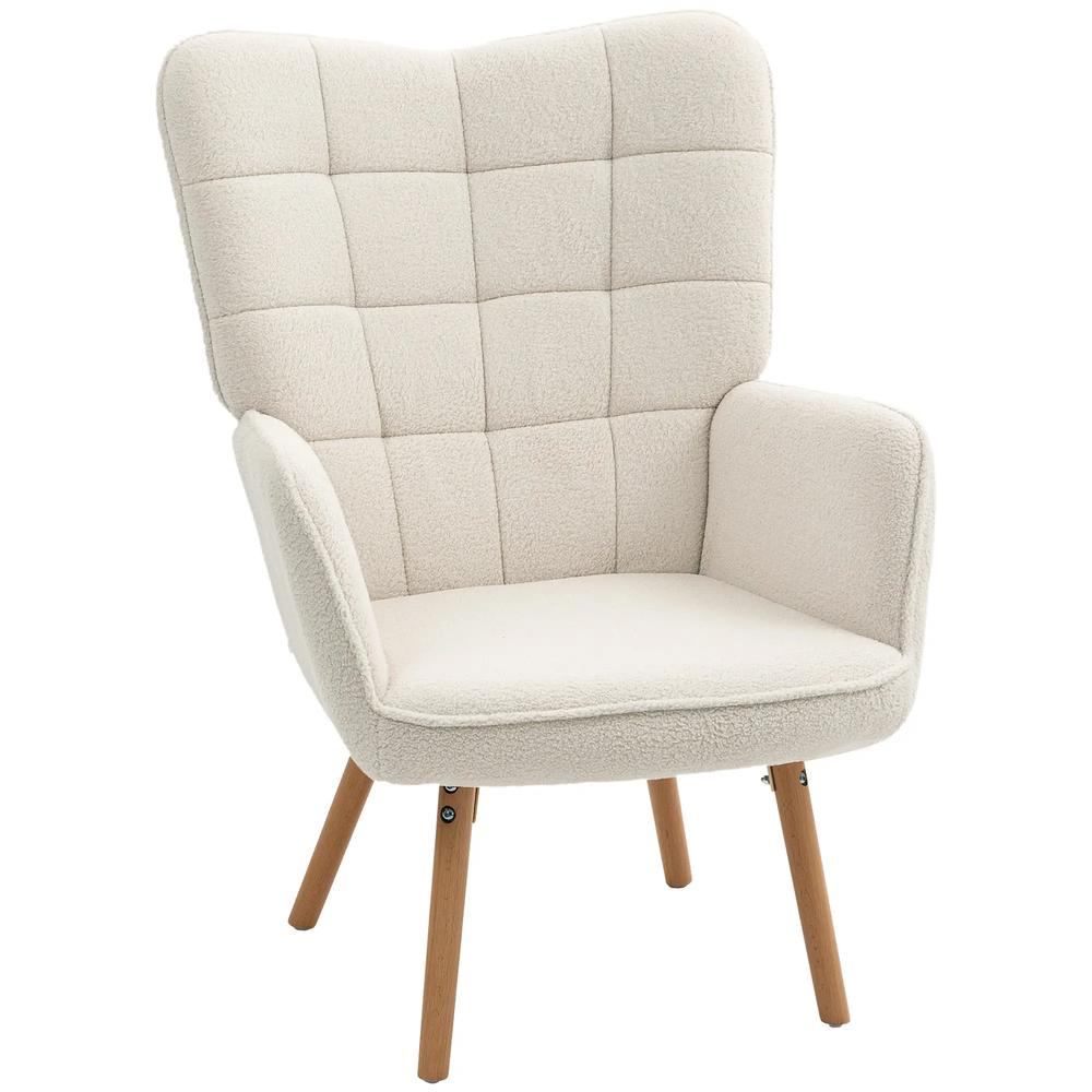 HOMCOM Modern Accent Chair, Upholstered High Back Armchair with Tufted Wingback, Seat Padding, Teddy Fleece Leisure Lounge Bedroom Chair with Wood Legs, Cream White Additional View 11