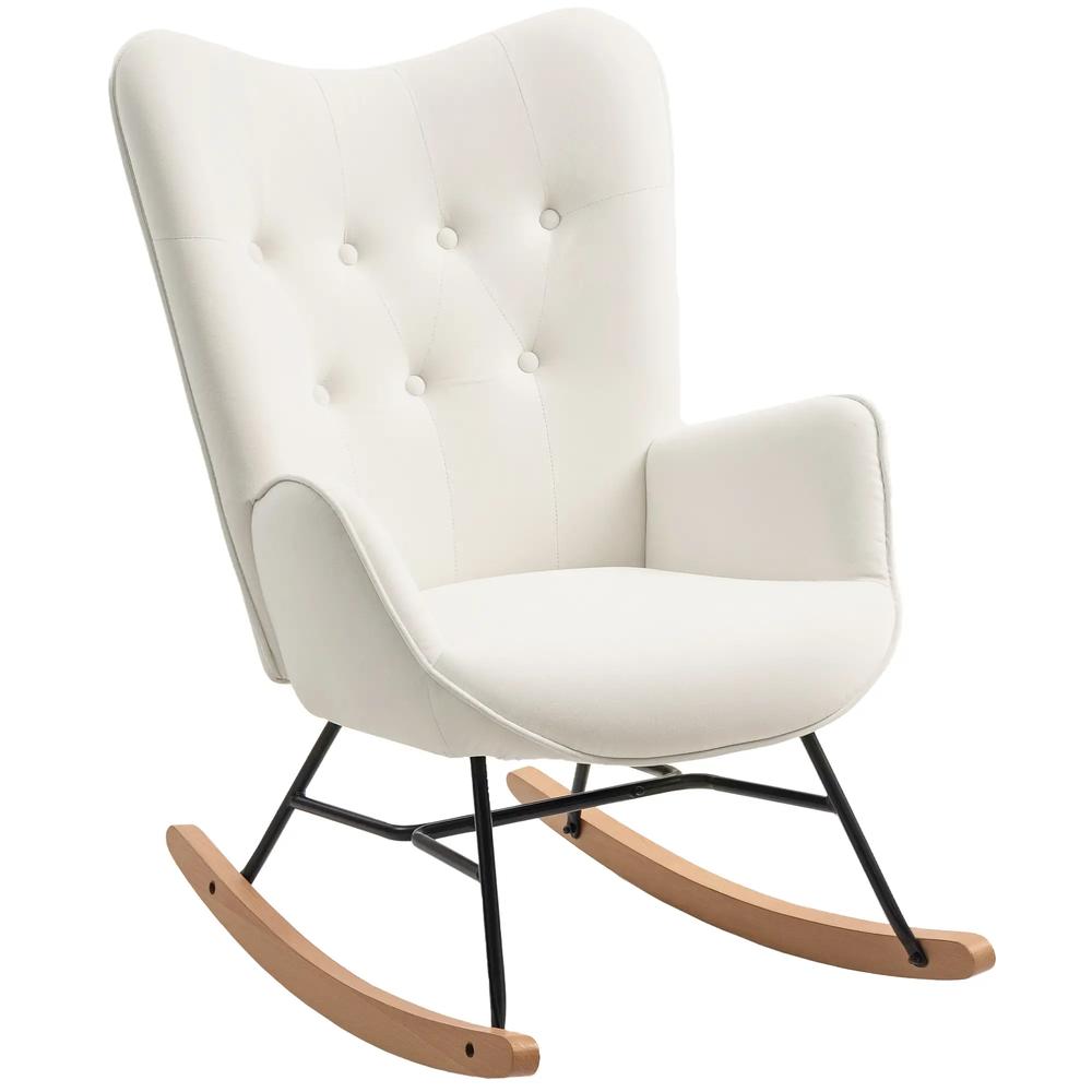 HOMCOM Rocking Chair, Modern Upholstered Velvet Armchair with Solid Wood Legs and Metal Frame for Living Room, Bedroom, Cream Additional View 11