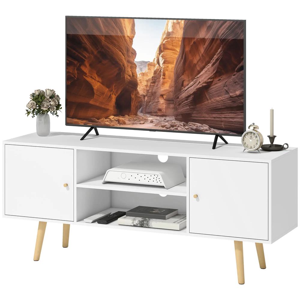 HOMCOM TV Stand Cabinet up to 55 Inches, TV Unit with Storage Shelves and Wood Legs for Living Room, Bedroom, White Additional View 10