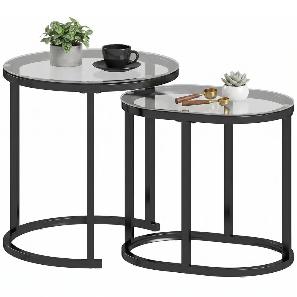 HOMCOM Nest of Tables with Steel Frame and Tempered Glass Tabletop, Modern Coffee Table Set of 2 Additional View 26
