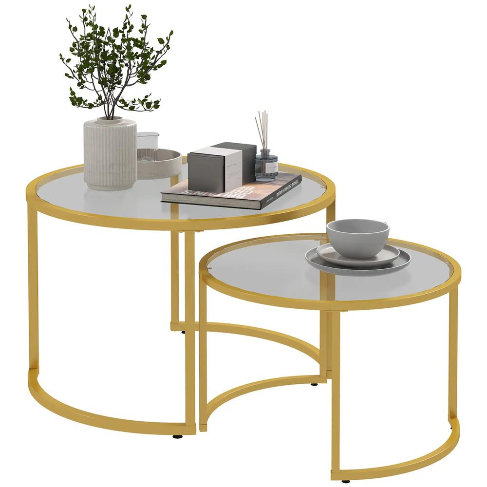 HOMCOM Coffee Table Set of 2, Modern Nest of Tables with Tempered Glass Top, Steel Frame for Living Room, Gold Tone Additional View 11