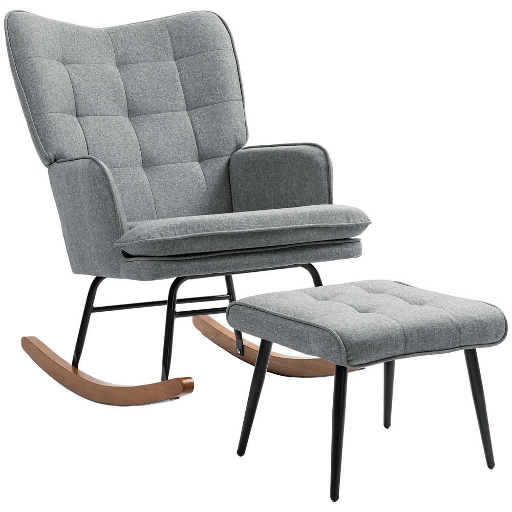 HOMCOM Linen-Look Rocking Chair and Ottoman Set - Grey Additional View 11