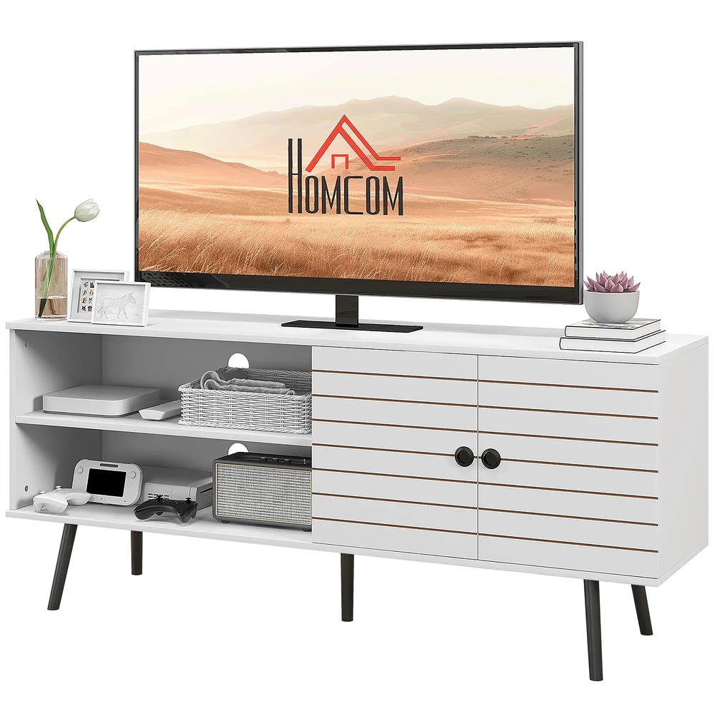 HOMCOM TV Stand with Cupboard, Open Shelves, Striped Doors, Wooden legs, White Additional View 11