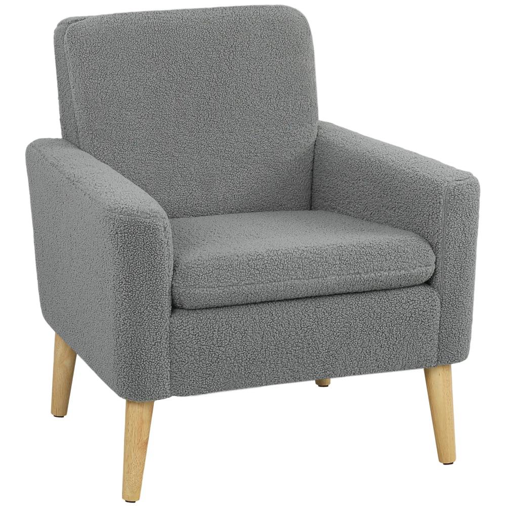 HOMCOM Armchair, Upholstered Accent Chair with Wood Legs and Wide Padded Seat, Teddy Occasional Chair, Grey Additional View 11
