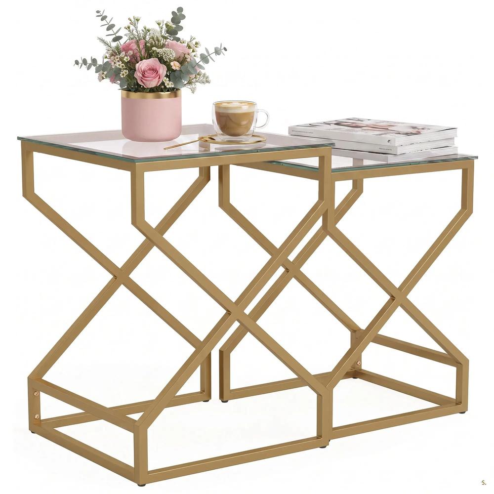 HOMCOM Nest of Tables, Side Table Set of 2 with Transparent Top, Coffee Table Set with Tempered Glass Top, Transparent Additional View 15