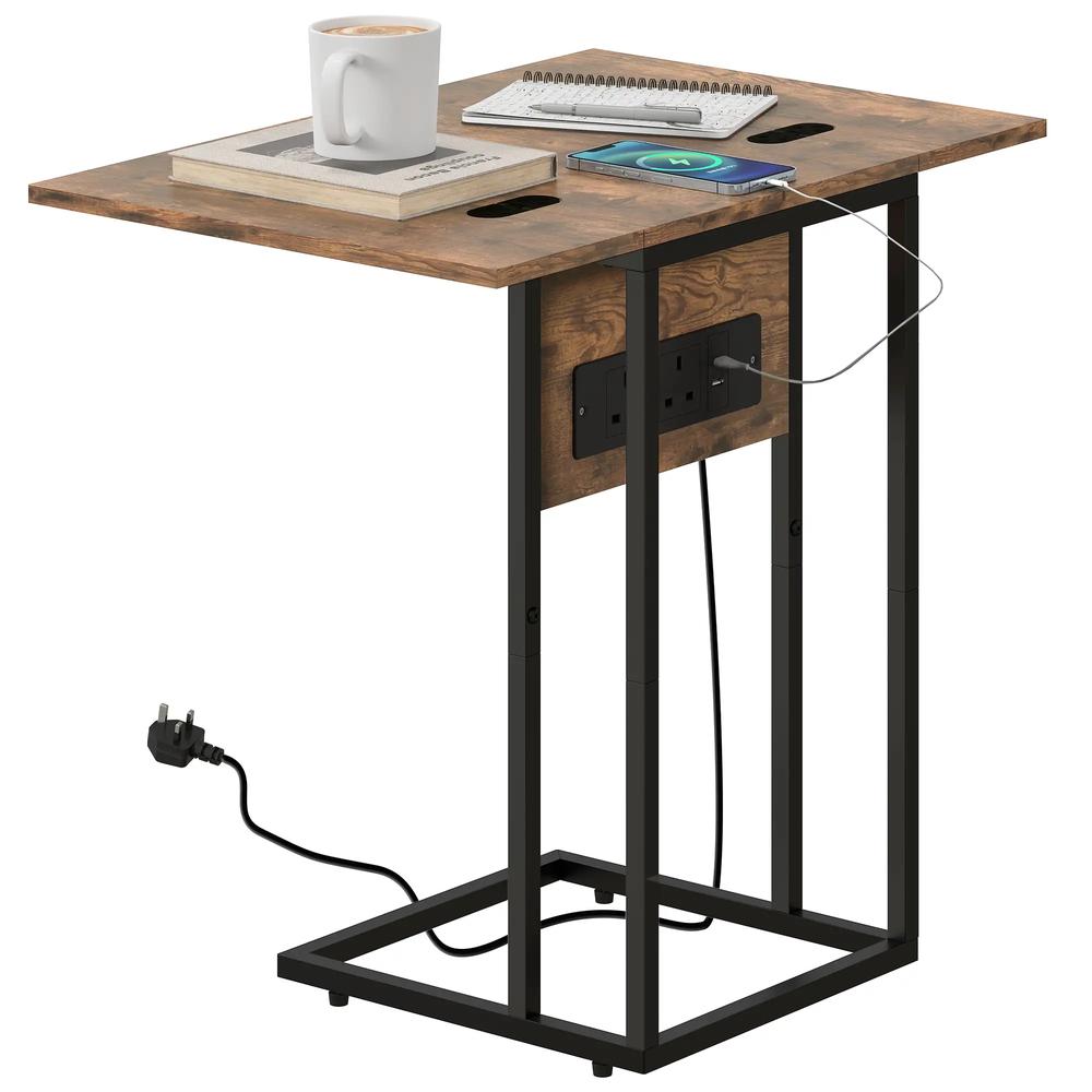 HOMCOM C Shaped Side Table with Charging Station and Foldable Top - Rustic Brown Additional View 11