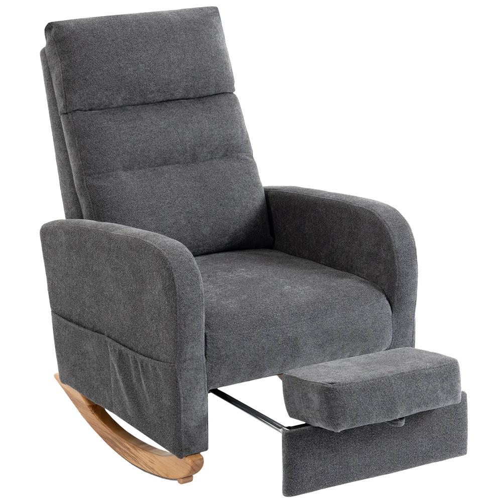 HOMCOM Upholstered Rocking Chair Retractable Footrest Rocker Chair High Back for Living Room Grey Additional View 11