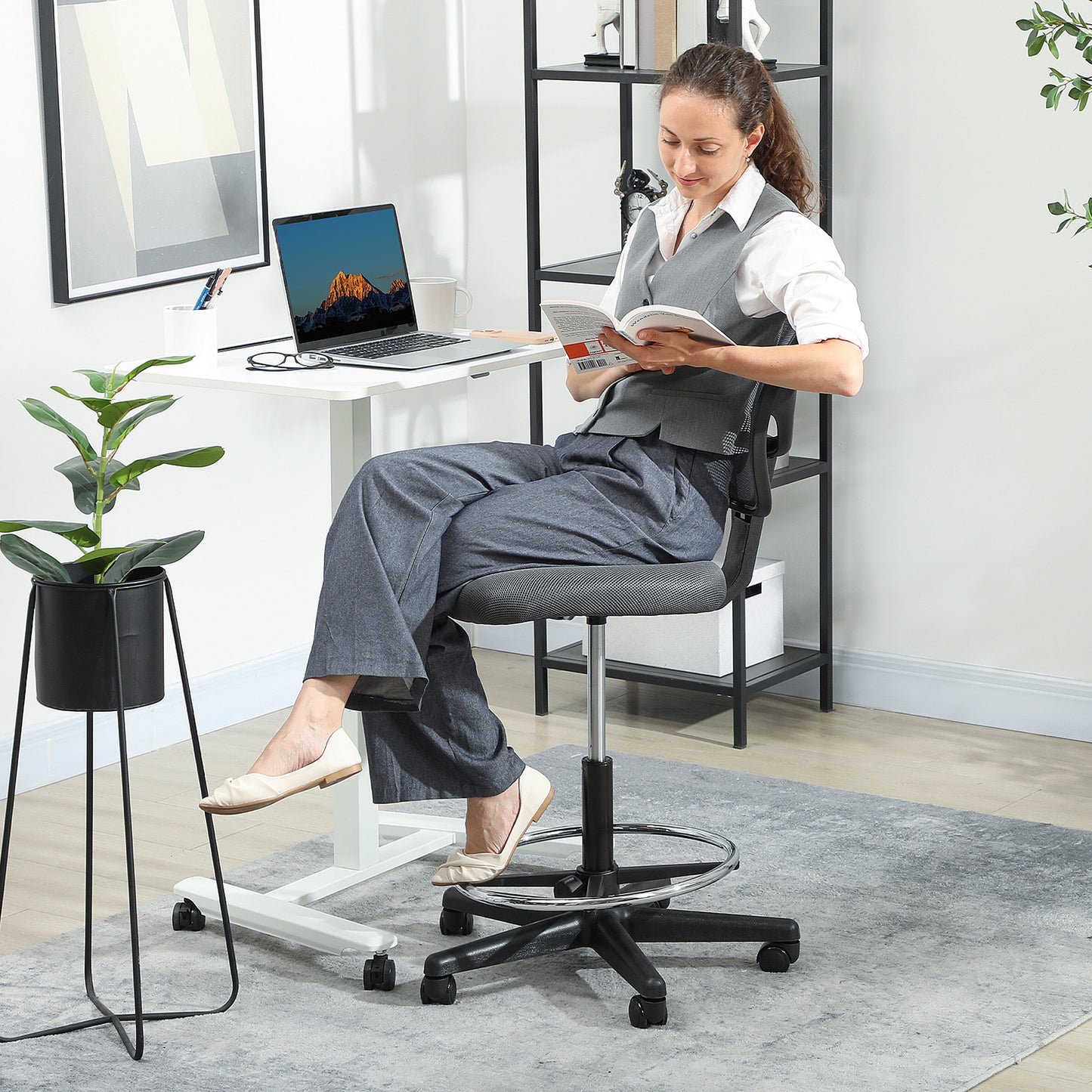 Ergonomic Mesh Standing Desk Chair Footrest Ring Seat - Vinsetto image 8