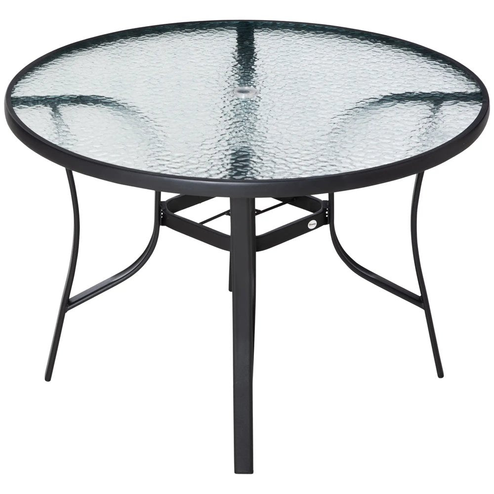 Outsunny 106cm Round Garden Dining Table with Parasol Hole, Tempered Glass Top, Steel Frame 10