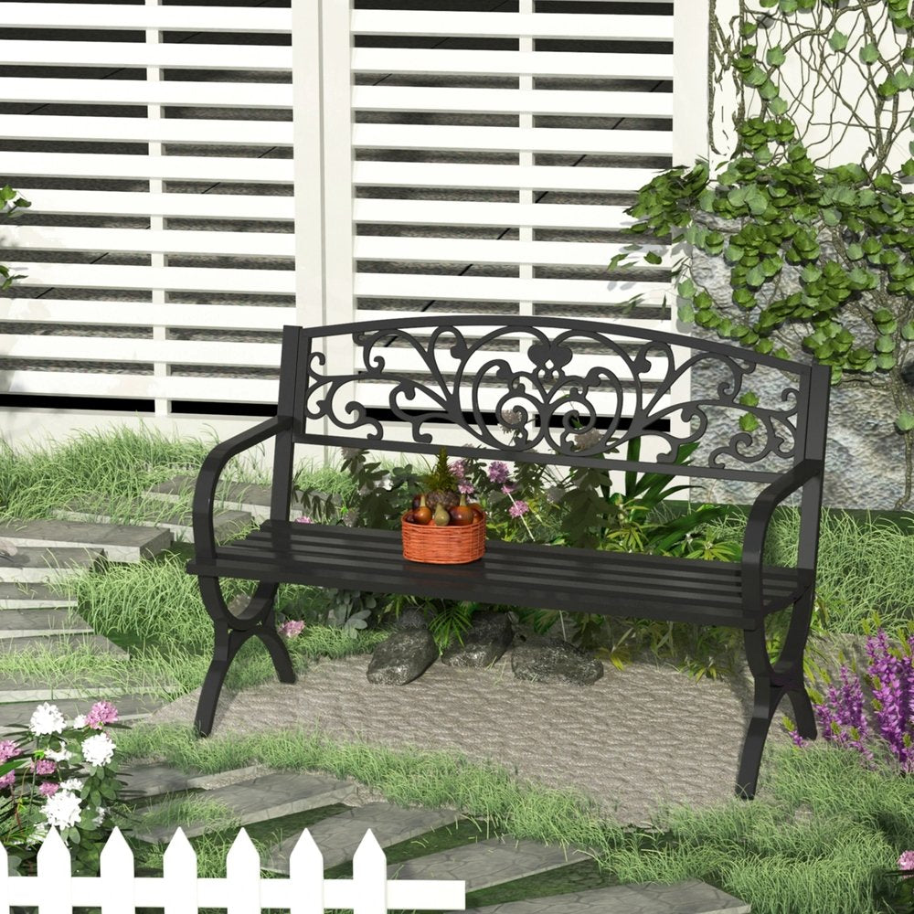 Outsunny 127L x 60W x 85H cm Powder Coated Garden Bench for Patio Backyard, Steel-Black 10