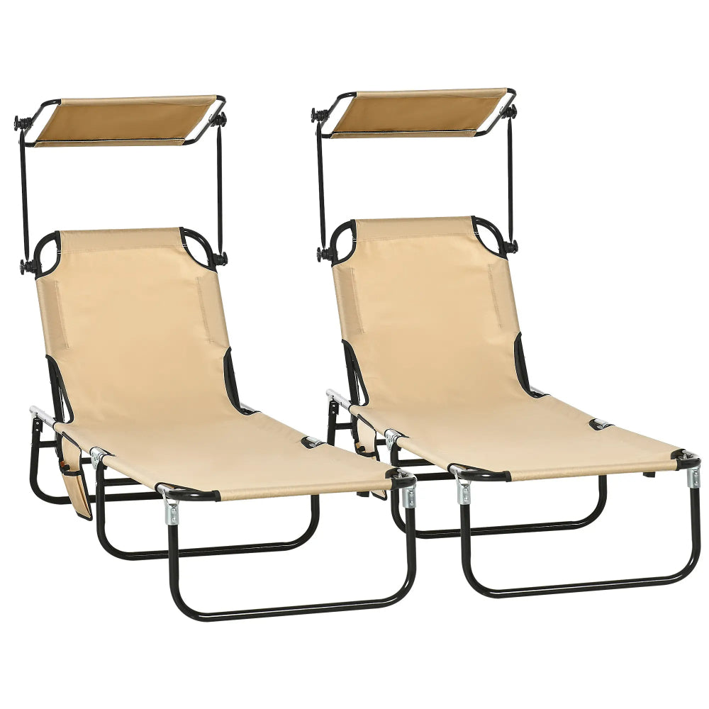 Outsunny 2 Piece Folding Sun Loungers with Canopy, Adjustable Recliner Garden Chairs with Side Pocket, Steel Frame and Breathable Mesh for Outdoor, Pool, Beach, Garden, Tan Brown 10