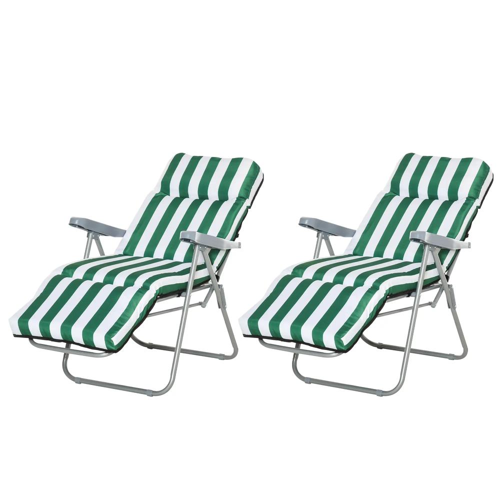 Outsunny 2 Pieces Outdoor Sun Lounger Set with Cushions, Patio Folding 5-Level Adjustable Backrest Recliner Chairs Set of 2 with High Backrest and Armrests, Green & White 12