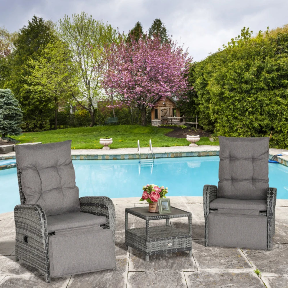 Outsunny 2 Seater Patio Wicker No installation Chaise Lounge Sofa Set with Fabric Cushion, Grey