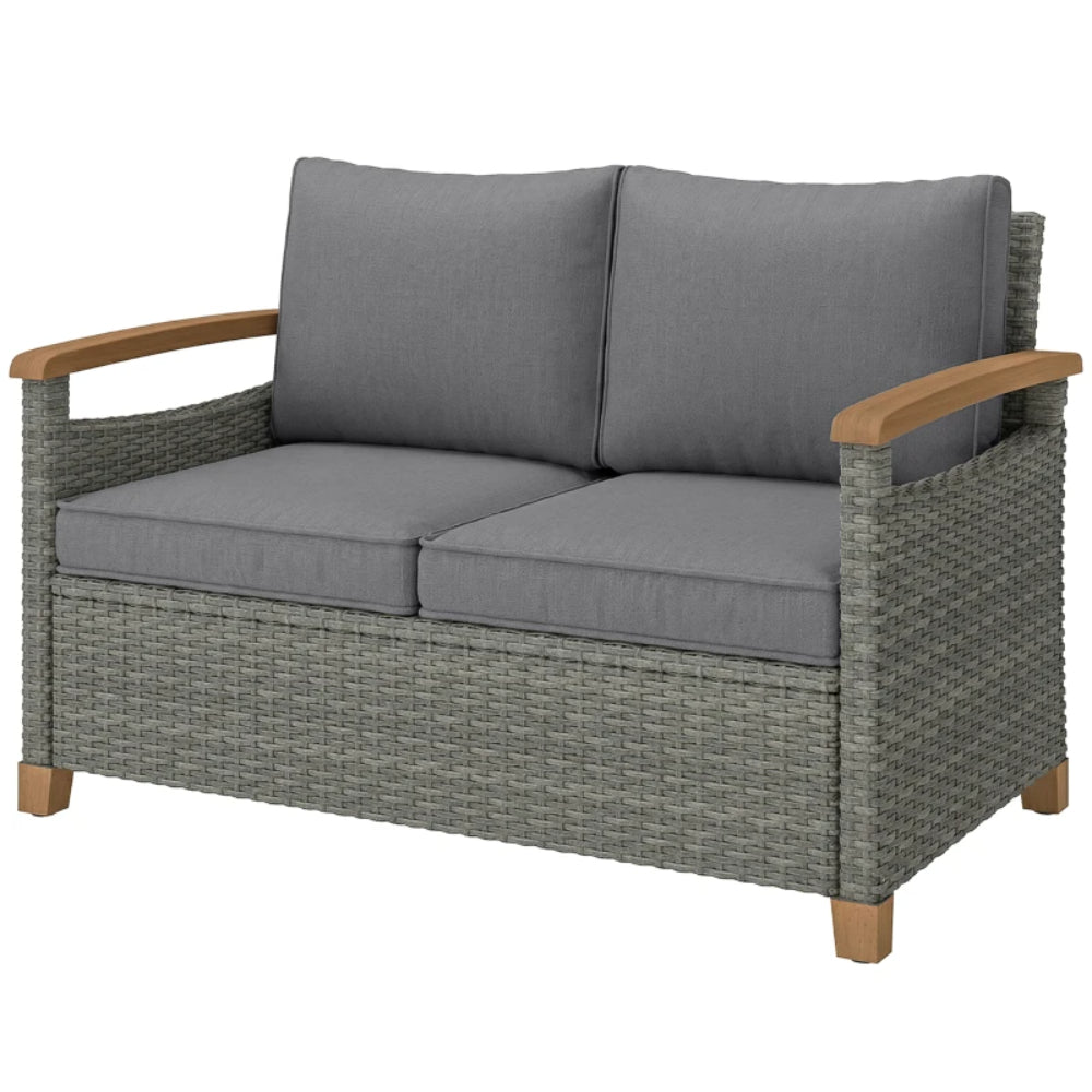 Outsunny 2 Seater Rattan Garden Sofa, Outdoor Sofa with Thickened Cushions and Acacia Wood Armrests