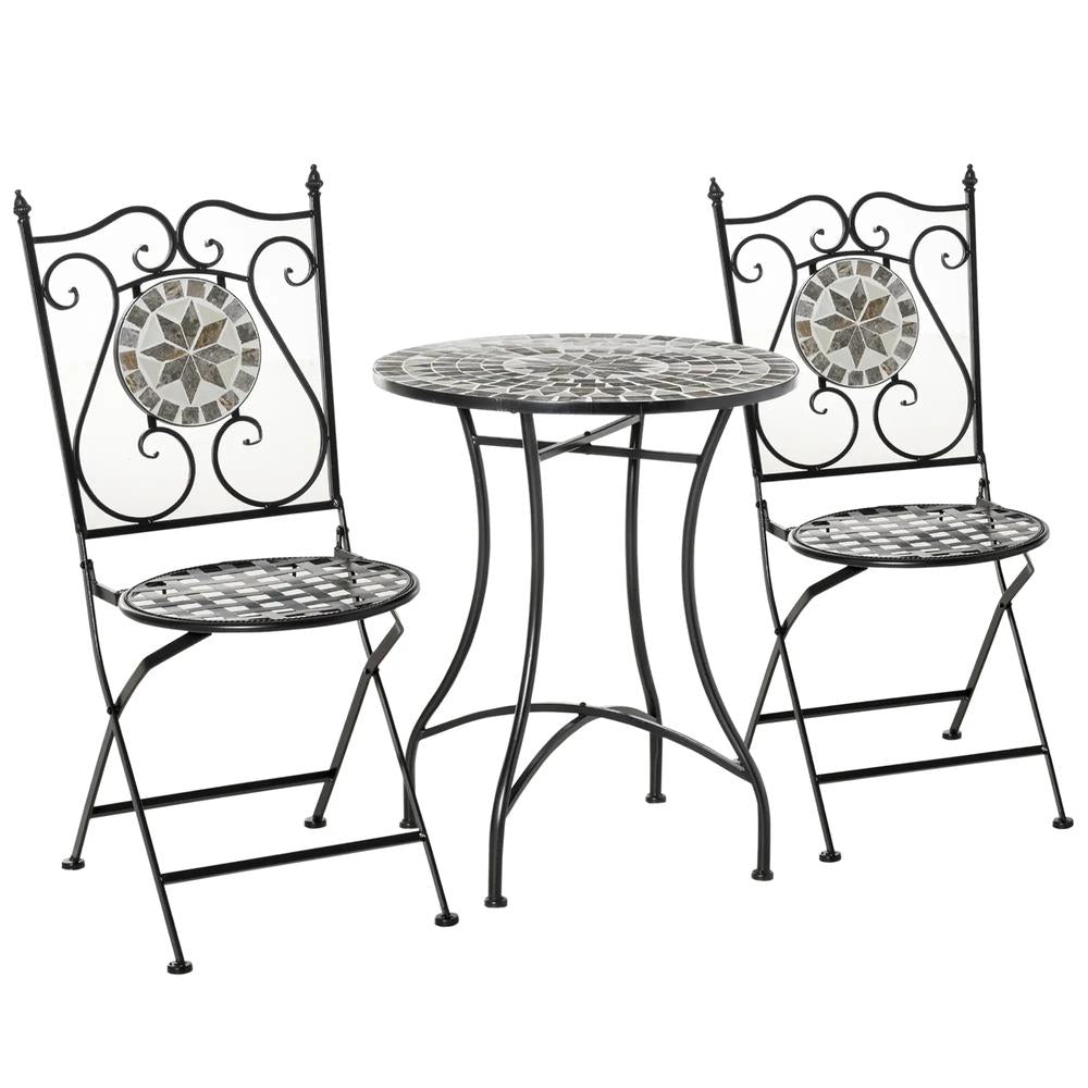 Outsunny 3 Pcs Mosaic Tile Garden Bistro Set Outdoor Seating w/ Table 2 Folding Chairs Set Metal Frame Elegant Scrolling Indoor Patio Balcony, Grey 12