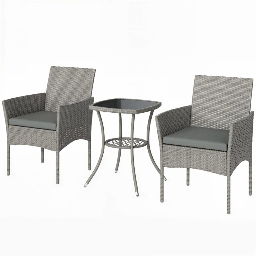 Outsunny 3 Piece Rattan Bistro Set, PE Wicker Garden Furniture Conversation Set with 2 Tier Glass-Top Table, Chairs