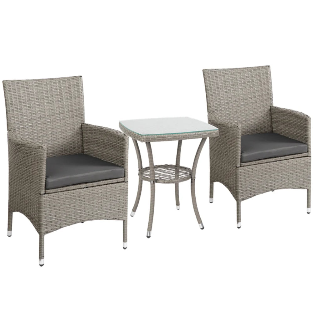 Outsunny 3 Pieces Rattan Bistro Set, Wicker Garden Furniture Set with 2-Tier Coffee Table and Chairs, Washable Cushions, for Outdoor Patio Balcony, Grey