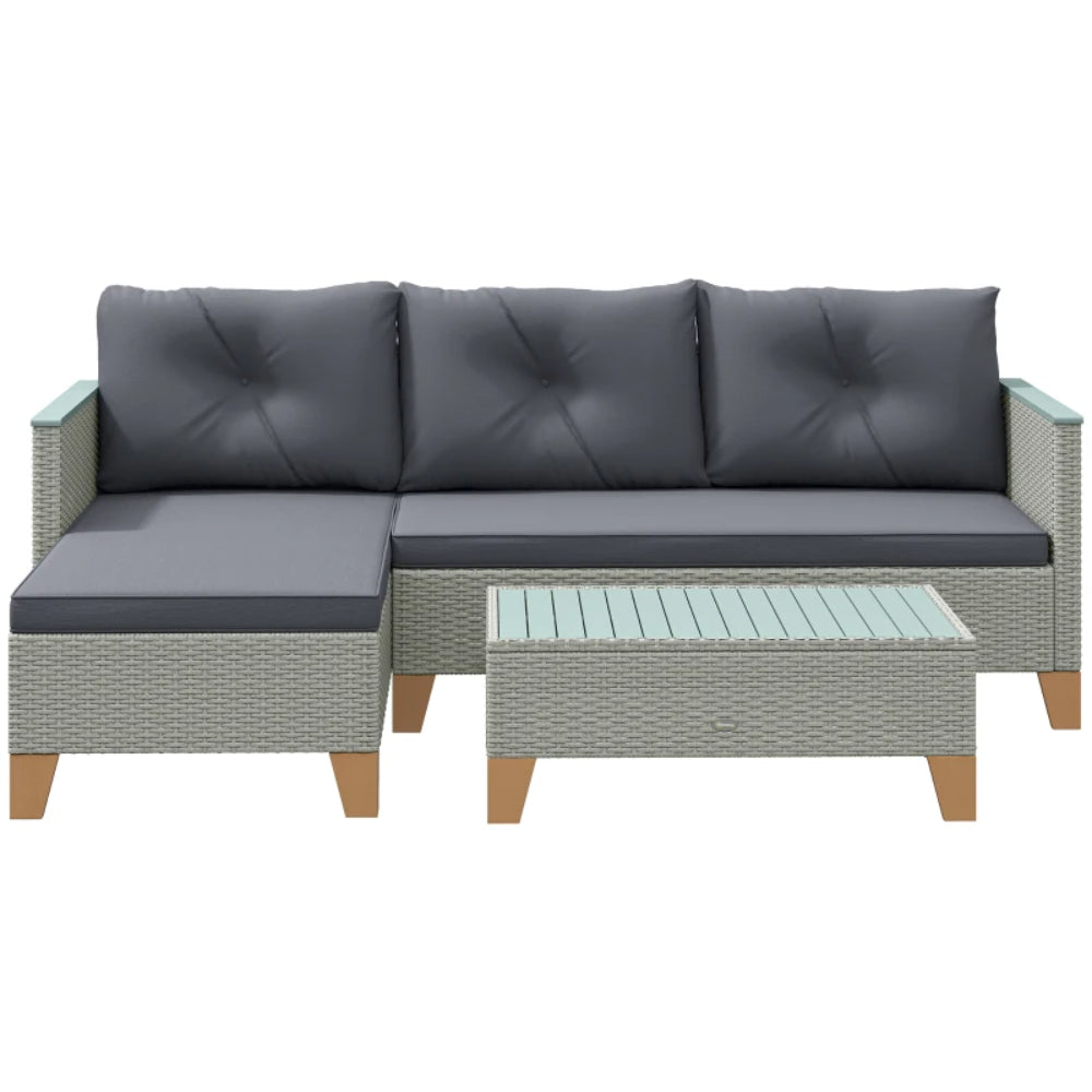 Outsunny 3 Pieces Rattan Garden Furniture Set, L Shaped Garden Conversation Chaise Lounge Furniture with Wood Top Coffee Table and Thick Cushions, Charcoal Grey