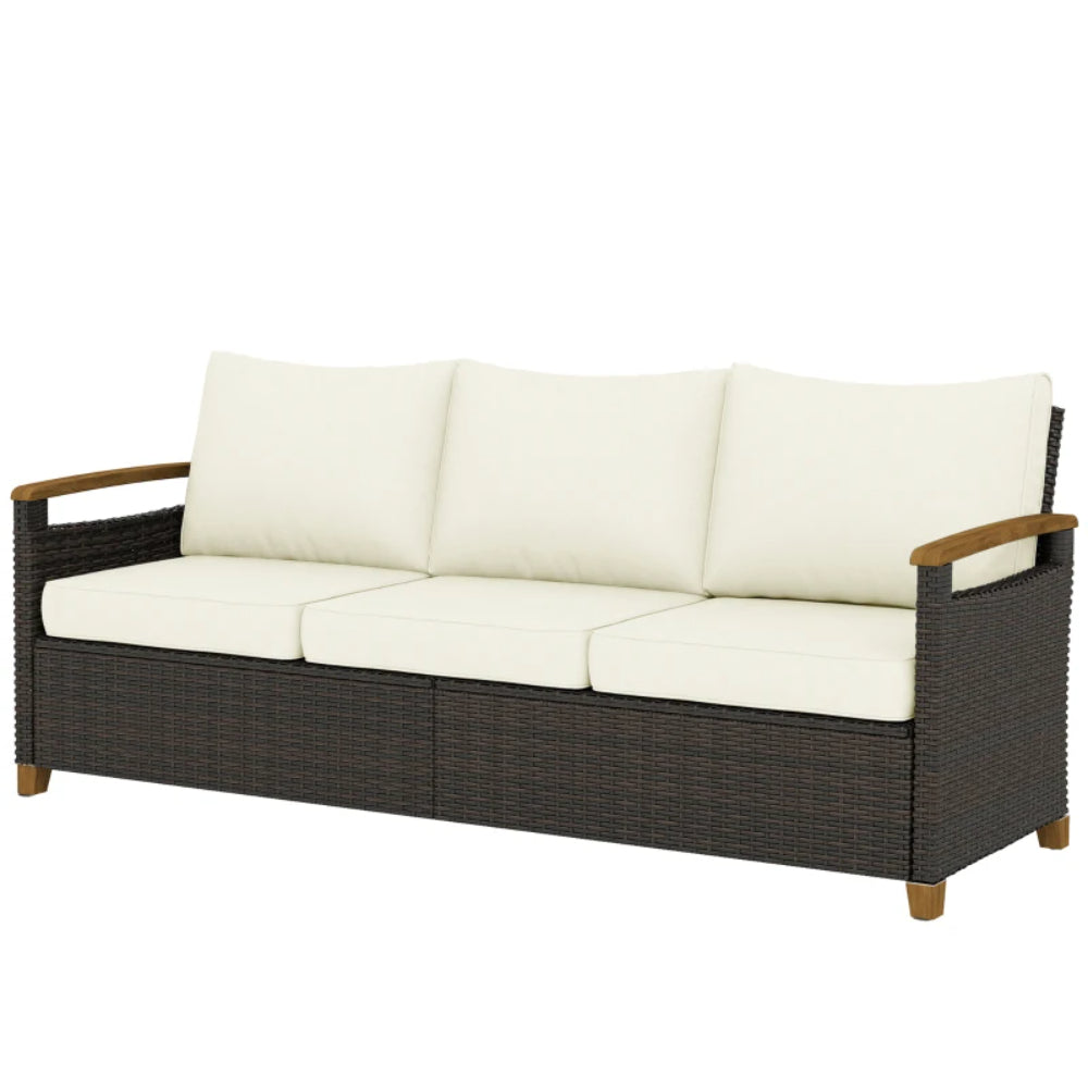 Outsunny 3 Seater Rattan Garden Sofa, PE Wicker Outdoor Sofa Wide Deep Seat, 4" Cushions, Wood-Effect Armrests Legs, Brown