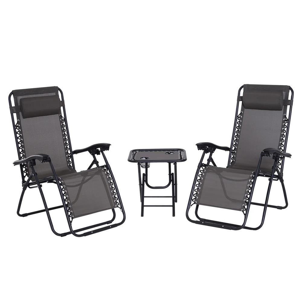 Outsunny 3pcs Folding Zero Gravity Chairs Sun Lounger Table Set w/ Cup Holders Reclining Garden Yard Pool 23
