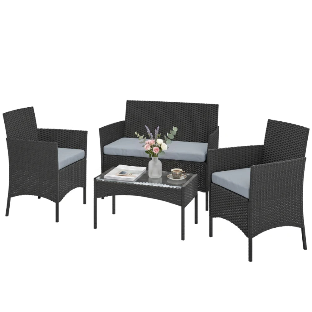 Outsunny 4 Piece Rattan Garden Furniture Sofa Set with Loveseat, Armchairs, Glass-Top Coffee Table and Cushions