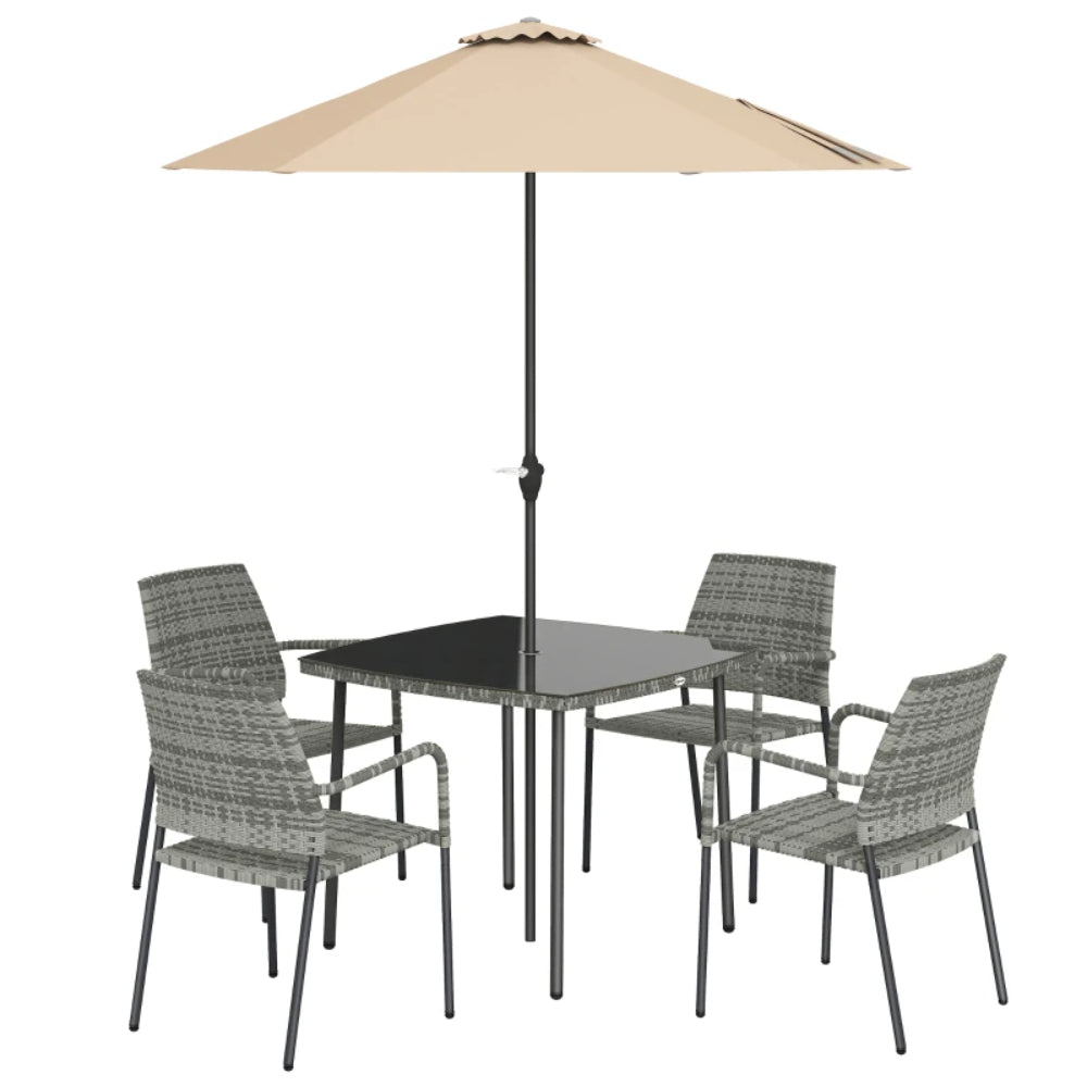 Outsunny 4 Seater Rattan Dining Set with Parasol, 6 Piece Garden Table and Stackable Chairs with Tempered Glass Tabletop