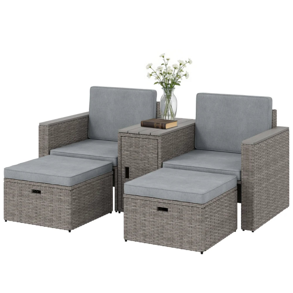Outsunny 5 Piece Rattan Garden Furniture Set with Storage Table, Footstools, Cushions, Dark Grey