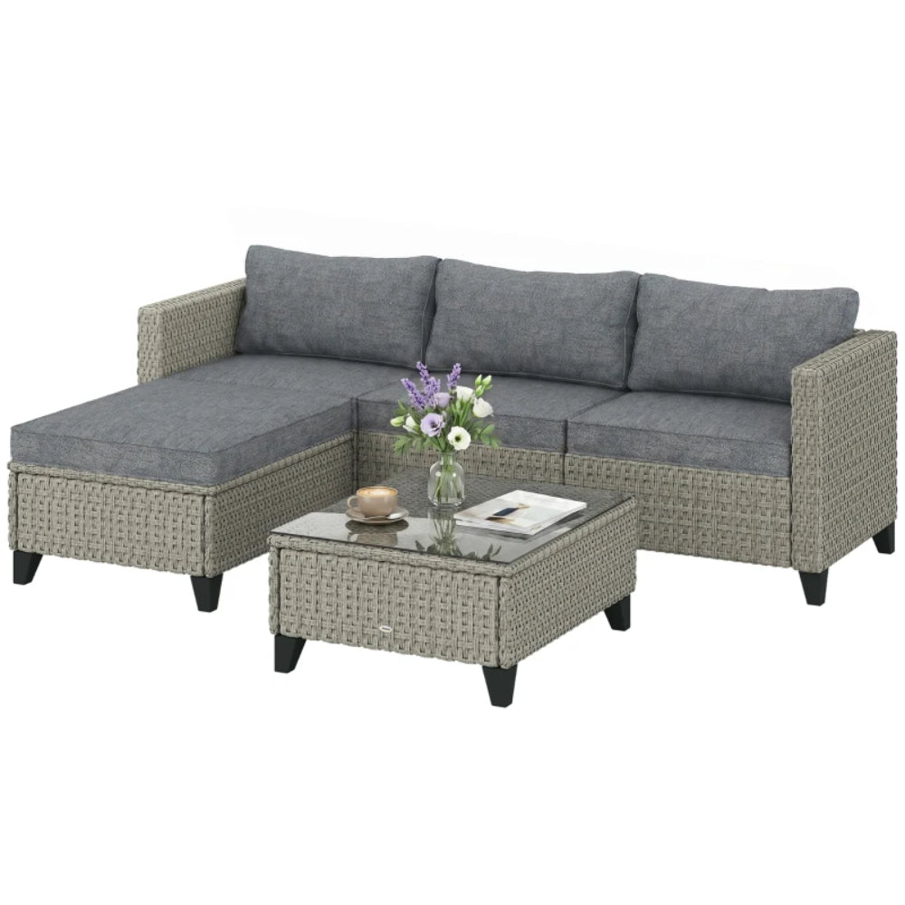 Outsunny 5-Piece Rattan Patio Furniture Set with Corner Sofa, Footstools, Coffee Table, for Poolside, Dark Grey