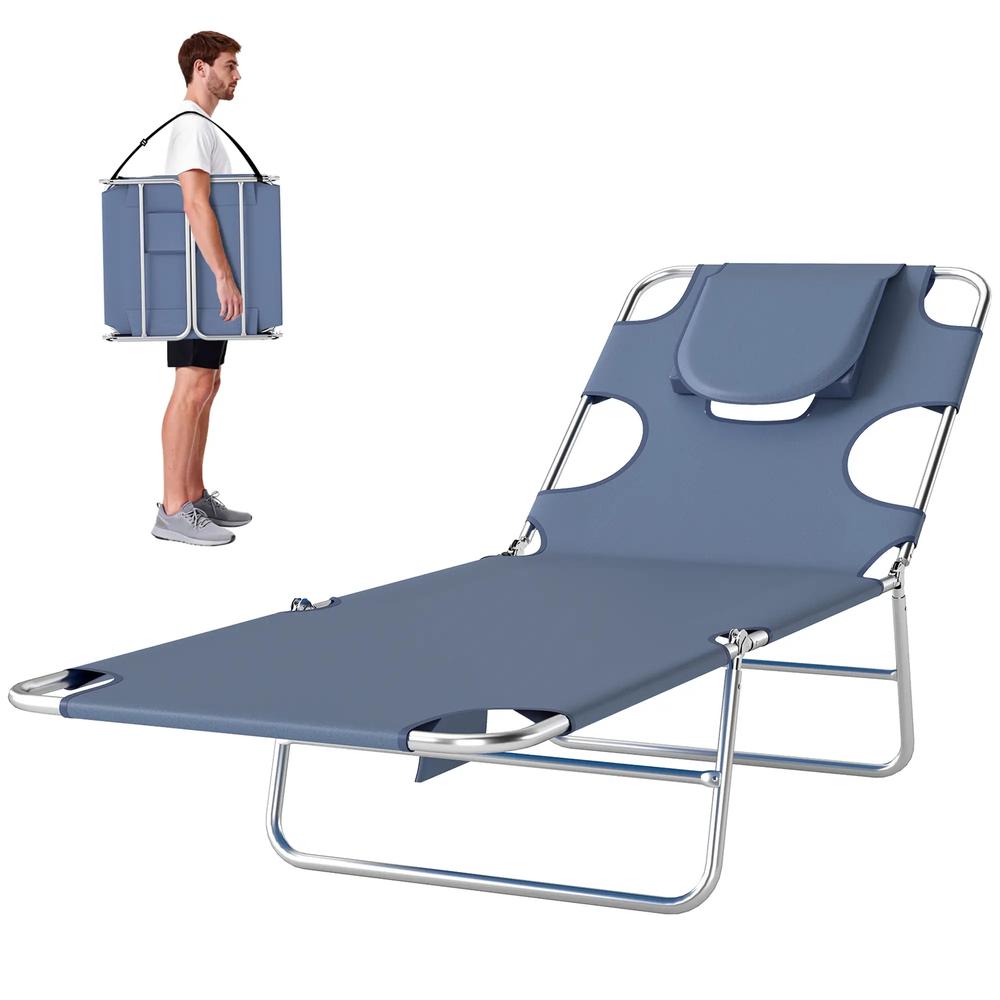 Outsunny 5-Position Adjustable Sun Lounger with Reading Hole and Side Pocket, Grey 9