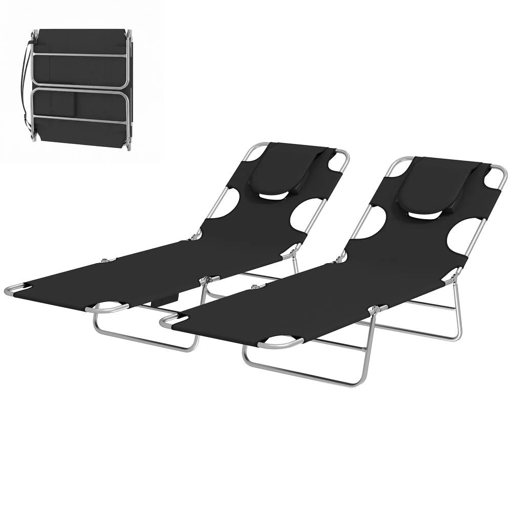 Outsunny 5-Position Adjustable Sun Loungers Set of 2 with Reading Hole and Side Pocket 65