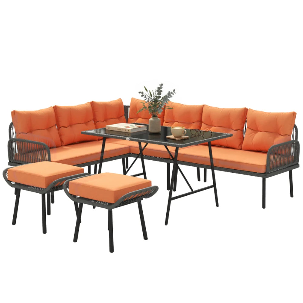 Outsunny 6 Piece Rattan Garden Furniture Set, 8 Seater Garden Corner Sofa with Cushions and Glass Top Table, Orange