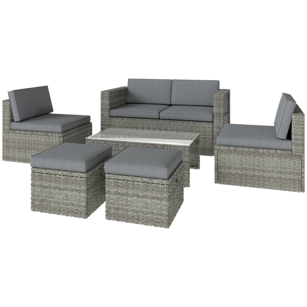 Outsunny 6 Piece Rattan Garden Furniture Set Loveseat, Chairs, Table, Footstools, Dark Grey