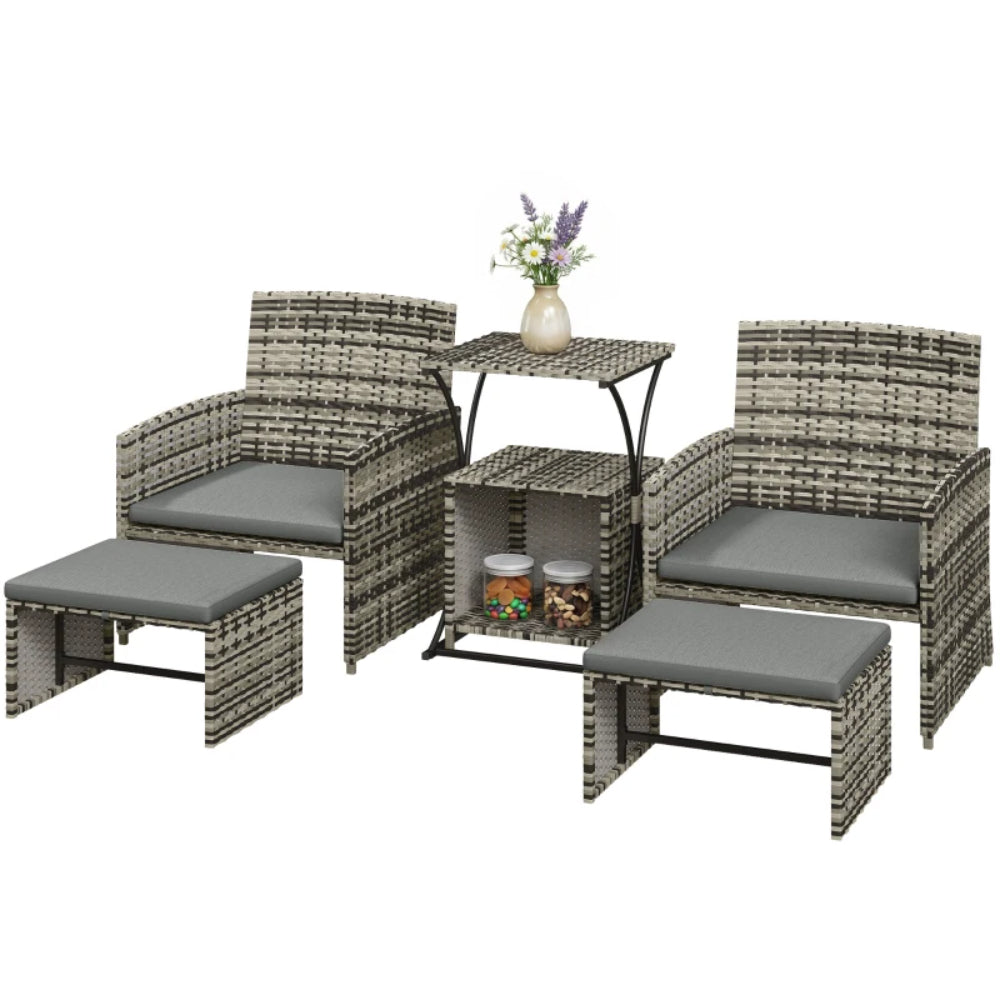 Outsunny 6 Piece Rattan Garden Furniture, Space-Saving Patio Furniture Set with Nesting Tables, Chairs, Stools, Cushions