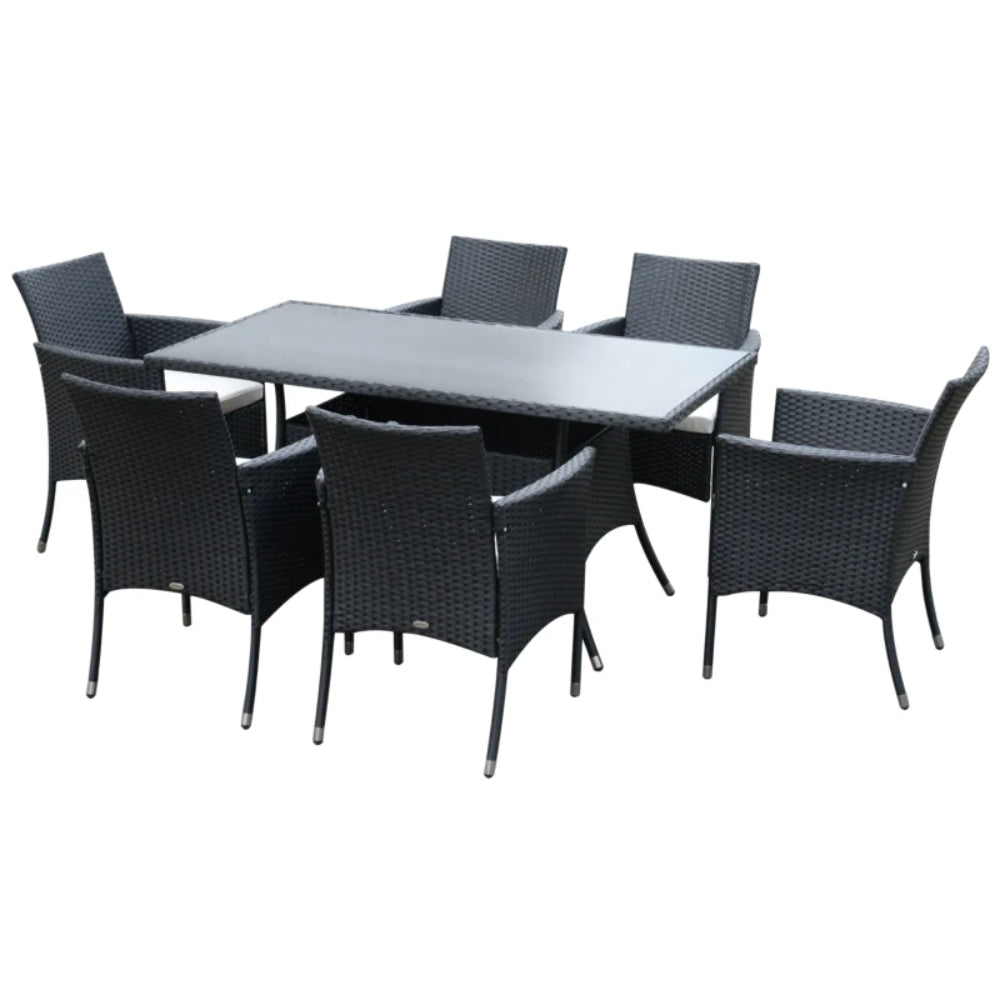 Outsunny 6 Seater Rattan Dining Set with Cushions, Rattan Garden Furniture Set with 6 Armchairs, Rectangular Glass Top Table, Outdoor Dining Table and Chairs