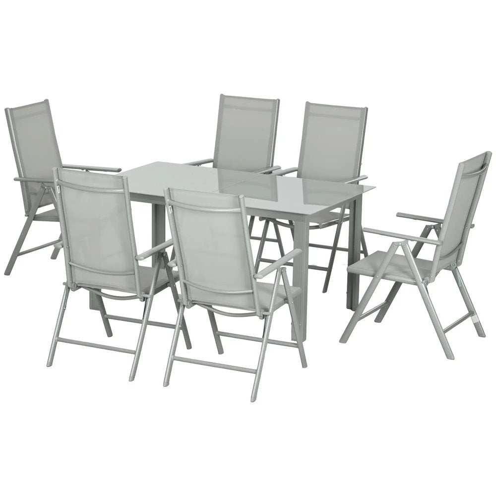 Outsunny 7 Piece Garden Dining Set, Outdoor Table and 6 Folding and Reclining Chairs, Aluminium Frame, Tempered Glass Top Table, Texteline Seats 21
